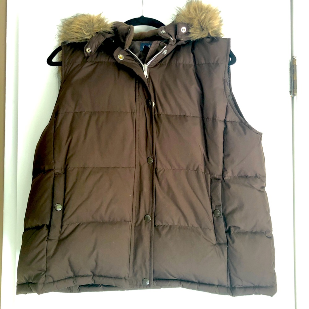 Gap down puffer vest with removable fur lined hood